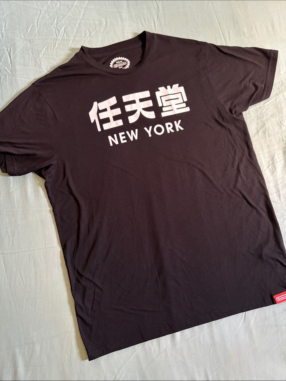 Nintendo Black T-Shirt with White Japanese Characters and 'New York'